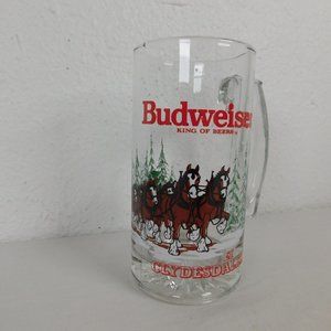 Budweiser 1988 Clydesdales Heavy Glass Beer Mug Wagon Christmas Trees Snow